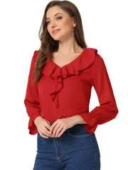 Ruffle Neck Gathered Cuff Long Sleeves Blouse