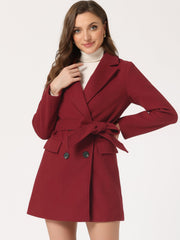 Notch Lapel Double Breasted Belted Mid Long Outwear Winter Coat