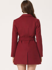Notch Lapel Double Breasted Belted Mid Long Outwear Winter Coat
