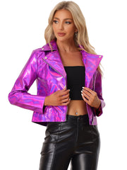 Metallic Biker Holographic Shiny Zipper Notched Jackets