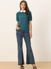 Pleated Contrast Peter Pan Collar Puff Short Sleeve Blouse
