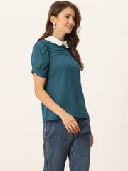 Pleated Contrast Peter Pan Collar Puff Short Sleeve Blouse