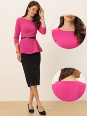 3/4 Sleeve Belted Peplum Elegant Business Work Blouse
