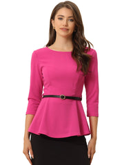 3/4 Sleeve Belted Peplum Elegant Business Work Blouse