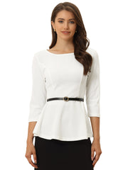 3/4 Sleeve Belted Peplum Elegant Business Work Blouse