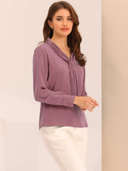 Long Sleeve Chiffon Pleated Tie Neck Office Blouse
