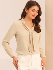 Long Sleeve Chiffon Pleated Tie Neck Office Blouse