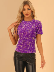 Glitter Sequin Velvet Crew Neck Short Sleeve Party Clubwear Blouse