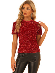 Glitter Sequin Velvet Crew Neck Short Sleeve Party Clubwear Blouse