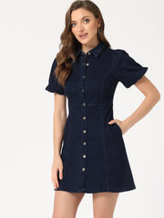 Denim Puff Short Sleeve Collared Button Down Mini Dress