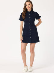 Denim Puff Short Sleeve Collared Button Down Mini Dress