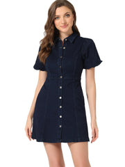 Denim Puff Short Sleeve Collared Button Down Mini Dress