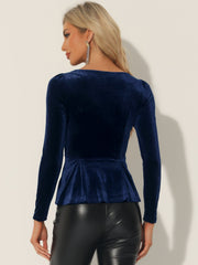 Velvet Blouse Elegant Sweetheart Neck Long Sleeve Peplum Top