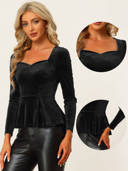 Velvet Blouse Elegant Sweetheart Neck Long Sleeve Peplum Top