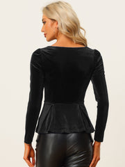 Velvet Blouse Elegant Sweetheart Neck Long Sleeve Peplum Top