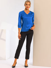 Casual Office Blouse 3/4 Sleeve V Neck Satin Shirt