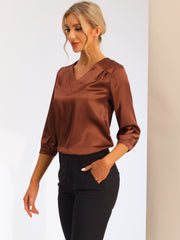 Casual Office Blouse 3/4 Sleeve V Neck Satin Shirt