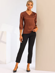 Casual Office Blouse 3/4 Sleeve V Neck Satin Shirt