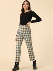 Plaid Cropped Trousers Button Casual Tartan Check Work Pants