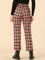 Plaid Cropped Trousers Button Casual Tartan Check Work Pants