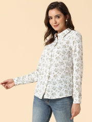 Button Down Floral Long Sleeve Point Collar Blouse