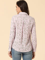 Button Down Floral Long Sleeve Point Collar Blouse