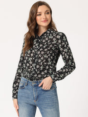 Button Down Floral Long Sleeve Point Collar Blouse