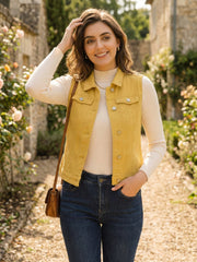 Flap Pocket Washed Buttoned Denim Jacket Vest