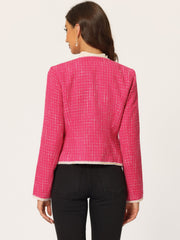 Plaid Tweed Long Sleeve Open Front Work Office Cropped Jacket Blazer