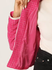 Plaid Tweed Long Sleeve Open Front Work Office Cropped Jacket Blazer