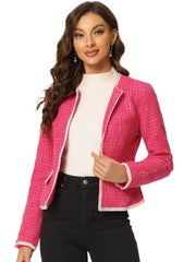 Plaid Tweed Long Sleeve Open Front Work Office Cropped Jacket Blazer