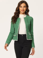 Plaid Tweed Long Sleeve Open Front Work Office Cropped Jacket Blazer