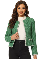 Plaid Tweed Long Sleeve Open Front Work Office Cropped Jacket Blazer