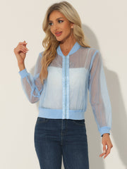 Zip Up See Through Lightweight Long Sleeve Mesh Bomber Jacket