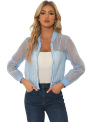 Zip Up See Through Lightweight Long Sleeve Mesh Bomber Jacket
