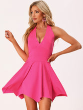 Halter Deep V Neck Sleeveless Solid Skater Mini Dress