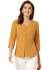 Polka Dots 3/4 Sleeve Button Front Vintage Office Blouse Top