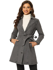 Notched Lapel Belted Trench Long Jean Denim Jacket