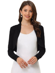 Ruched Long Sleeve Open Front Knit Cropped Bolero Shrug
