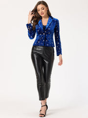 Metallic Star Single Button Velvet Lapel Crop Blazer