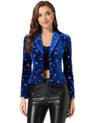 Metallic Star Single Button Velvet Lapel Crop Blazer