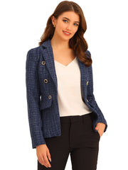 Tweed Plaid Long Sleeves Notched Lapel Open Front Blazer Jacket