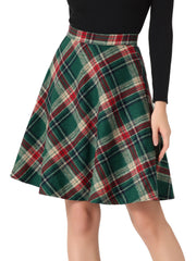 Vintage Plaid Tartan Elastic Waist Knee Length A-Line Skirt