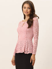 Lace Tops Keyhole Front Peplum Hem Sheer Long Sleeve Blouse