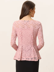 Lace Tops Keyhole Front Peplum Hem Sheer Long Sleeve Blouse