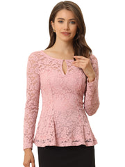 Lace Tops Keyhole Front Peplum Hem Sheer Long Sleeve Blouse
