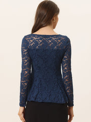 Lace Tops Keyhole Front Peplum Hem Sheer Long Sleeve Blouse
