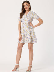 Button Up Short Sleeve A-Line Chiffon Vintage Floral Shirt Dress