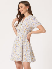 Button Up Short Sleeve A-Line Chiffon Vintage Floral Shirt Dress
