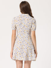 Button Up Short Sleeve A-Line Chiffon Vintage Floral Shirt Dress